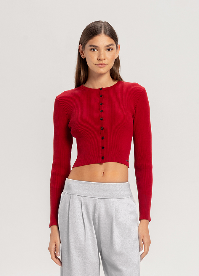 Button-up rib cardigan_Rythmic Red