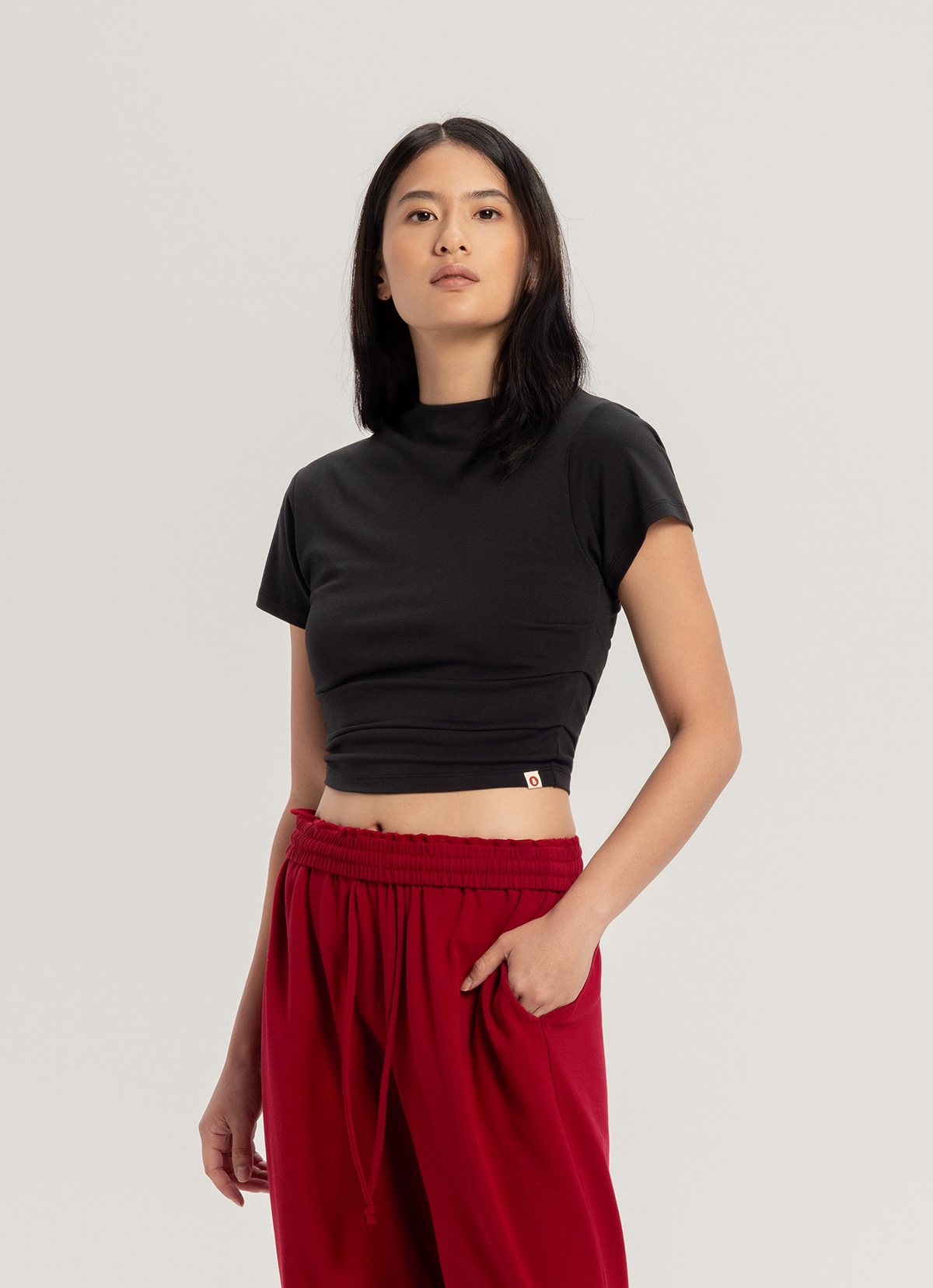 High neck shirring short sleeve_Black