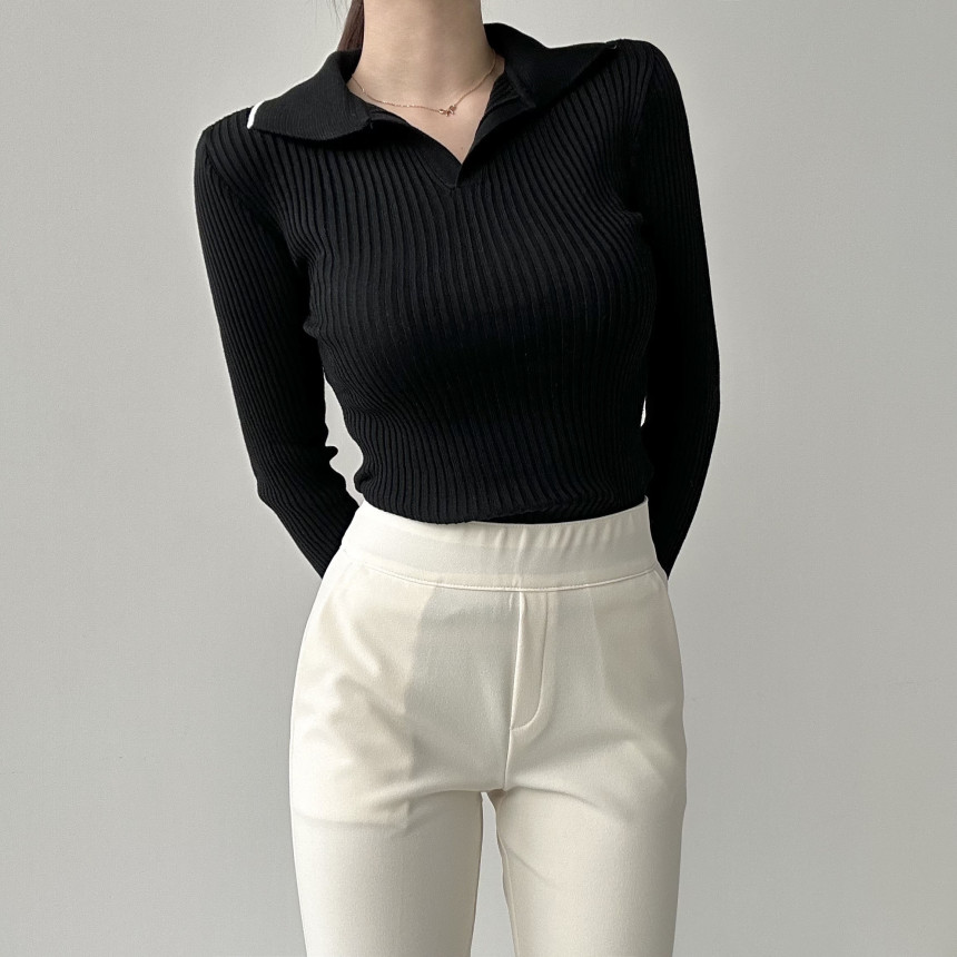 243[무료배송]배색 카라 니트 데일리 하객룩 오피스룩 골프웨어 이너 상의 연습복 가을 골지 슬림핏 긴팔 겨울 루즈핏