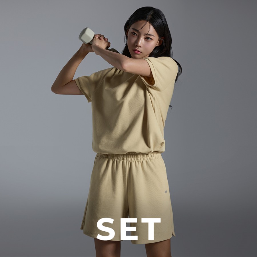 [SET] STL 어반 더블벤트 / 볼륨 슬리브 맨투맨+ 하프 팬츠 세트